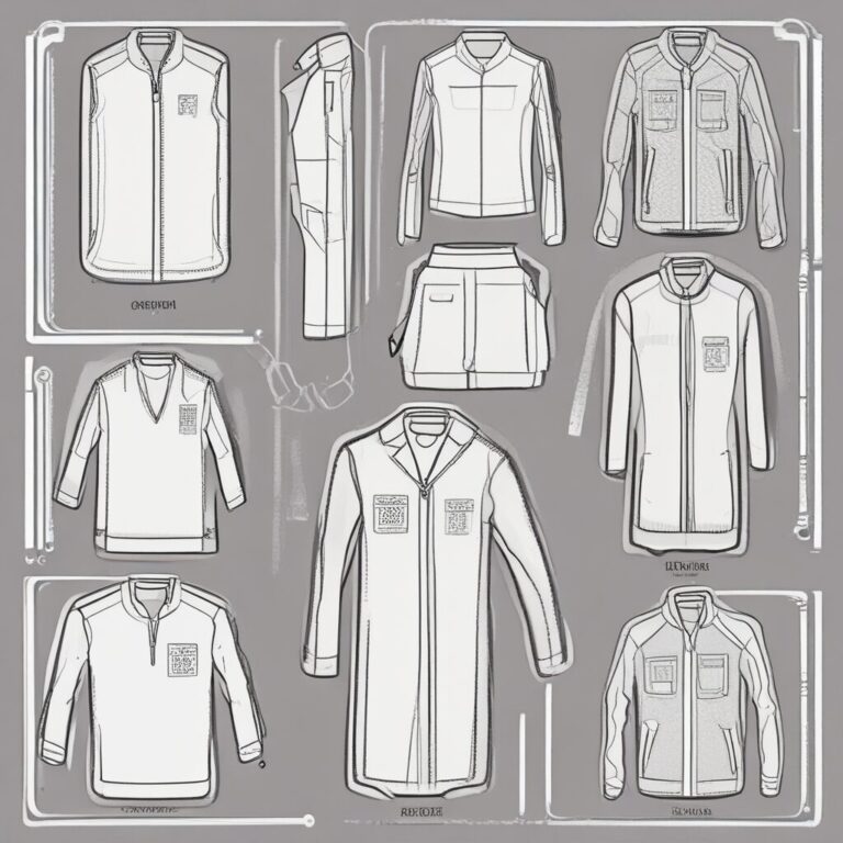 A transparent garment bag filled with clothing items labeled with QR codes for transparency in the supply chain.