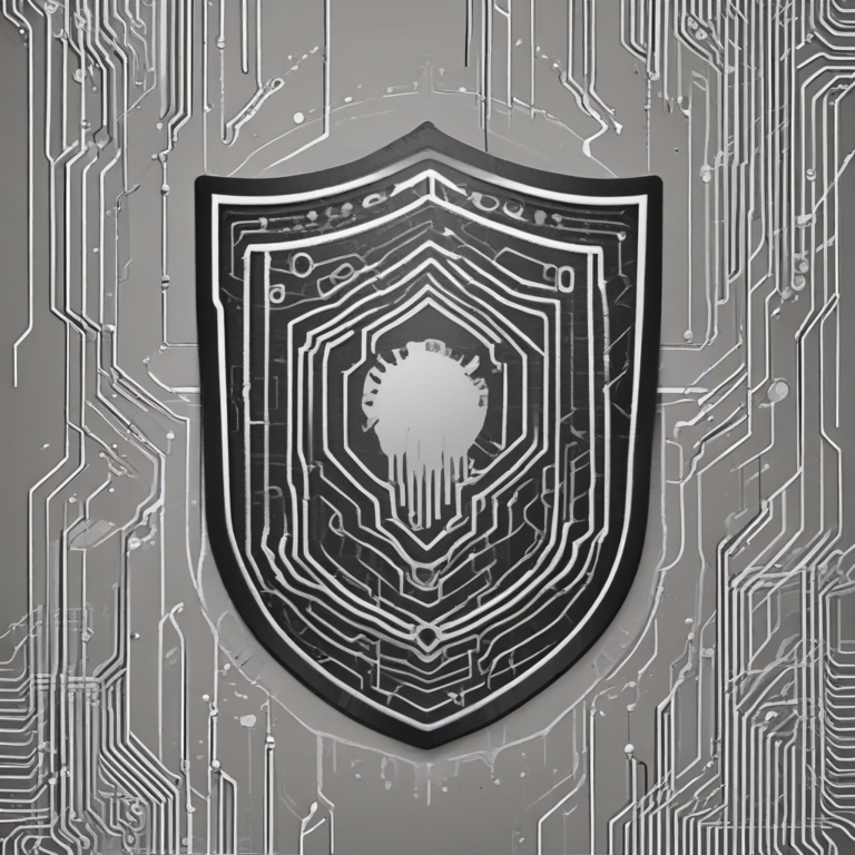 A shield with a digital circuit pattern representing protection and technology.