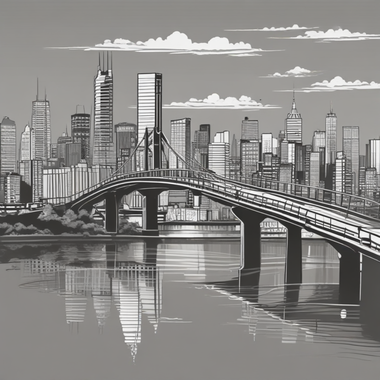 A bridge connecting a city skyline and a digital landscape