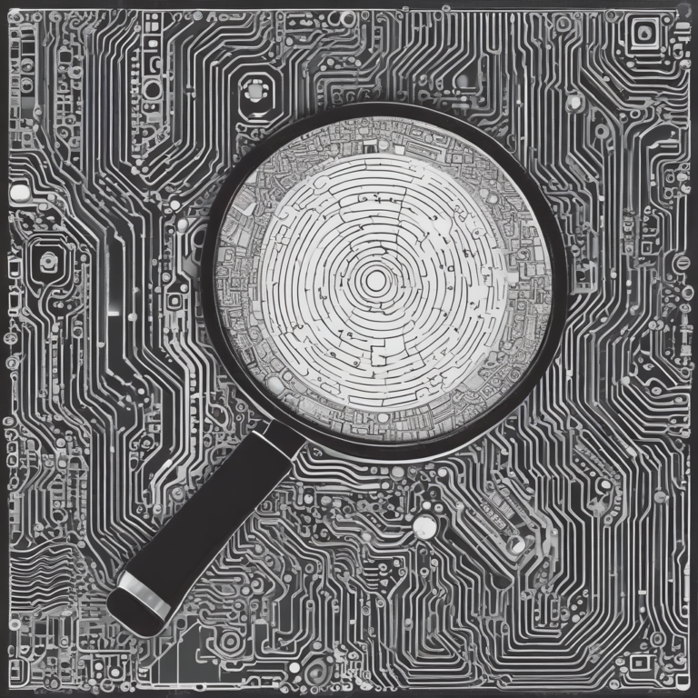 A magnifying glass focusing on a circuit board to signify scrutiny and oversight in AI development.
