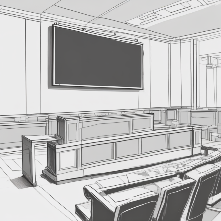 A courtroom bench with a digital screen displaying AI data