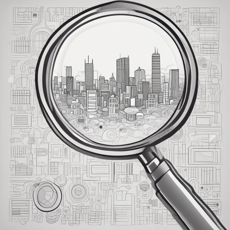 A magnifying glass over a digital network