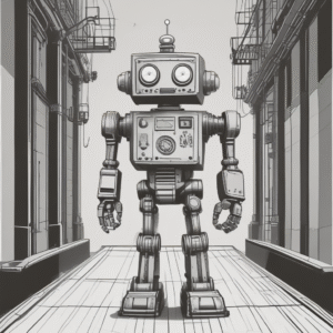 A robot with a "no entry" sign