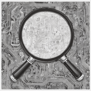 A magnifying glass over a circuit board emphasizing scrutiny and analysis of AI technologies.