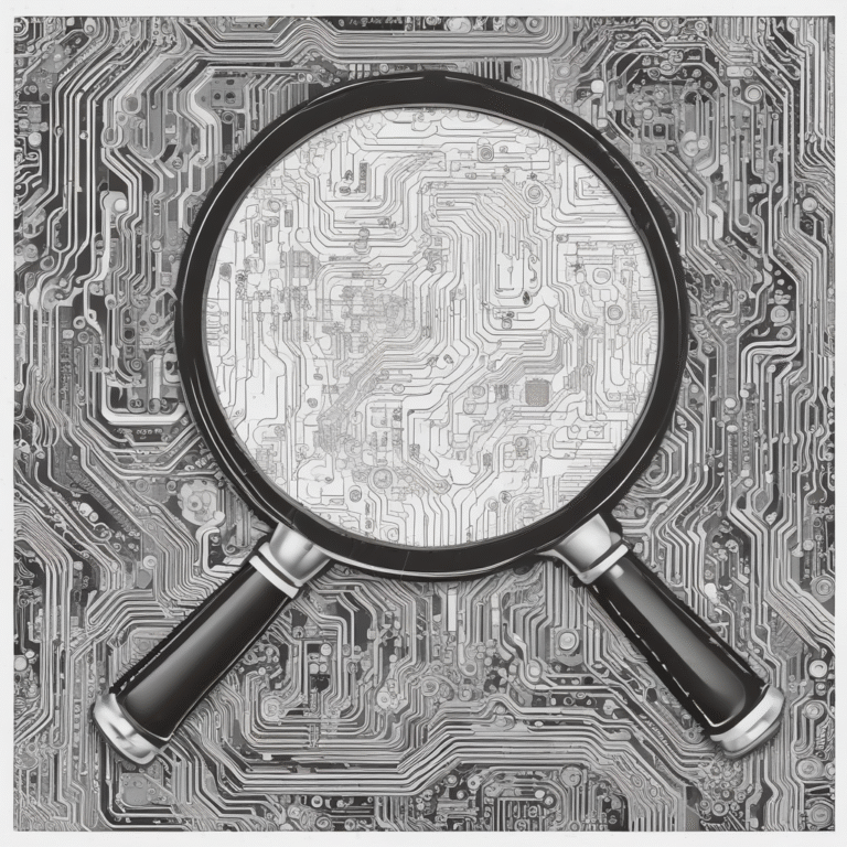 A magnifying glass over a circuit board emphasizing scrutiny and analysis of AI technologies.