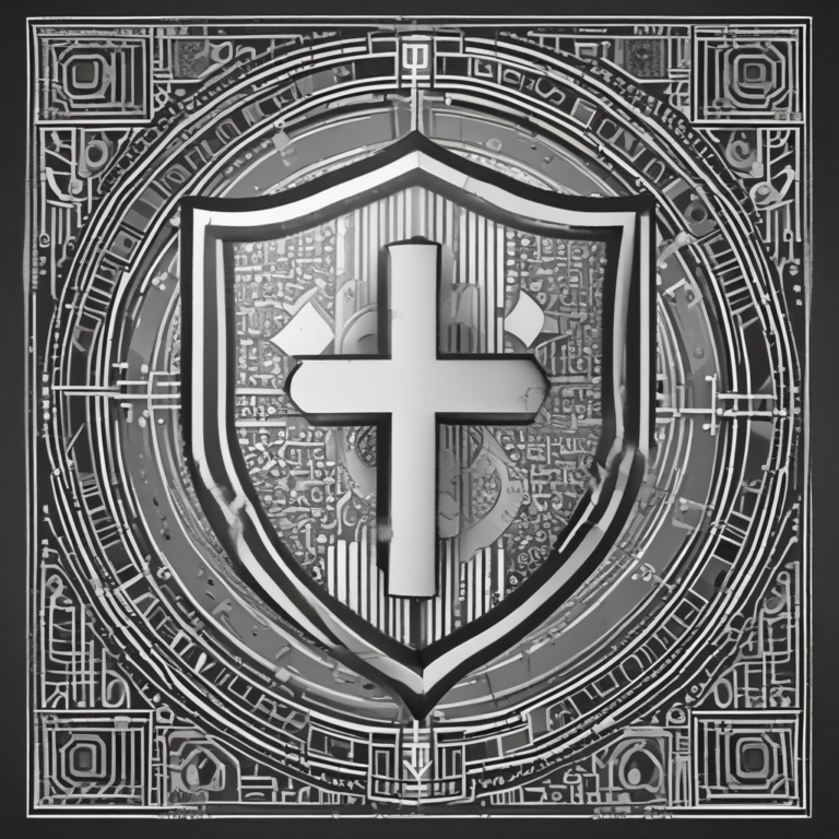 A shield with a medical cross and binary code.