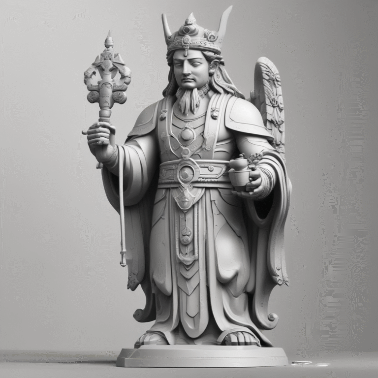 A guardian statue holding a key