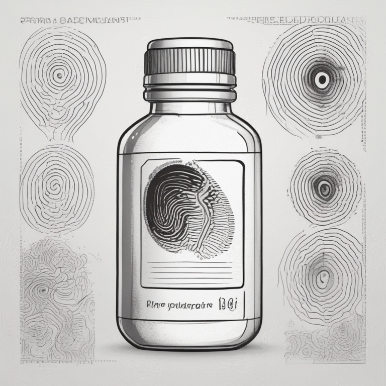 A pharmaceutical bottle with a digital fingerprint label representing compliance in drug data security.