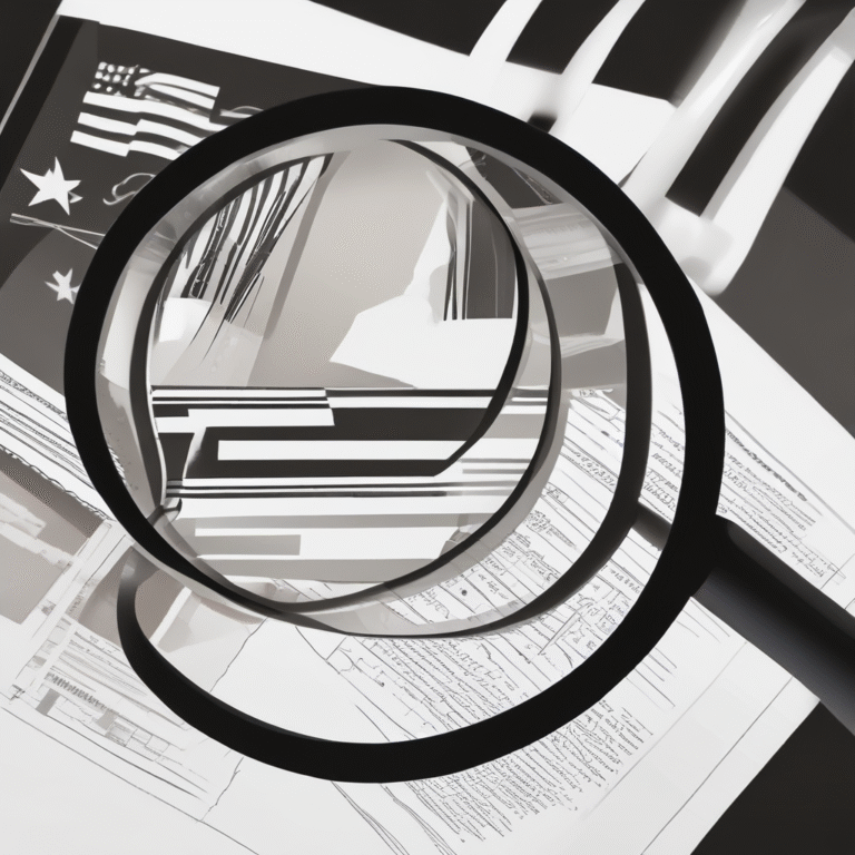 A magnifying glass focused on a document with various flags