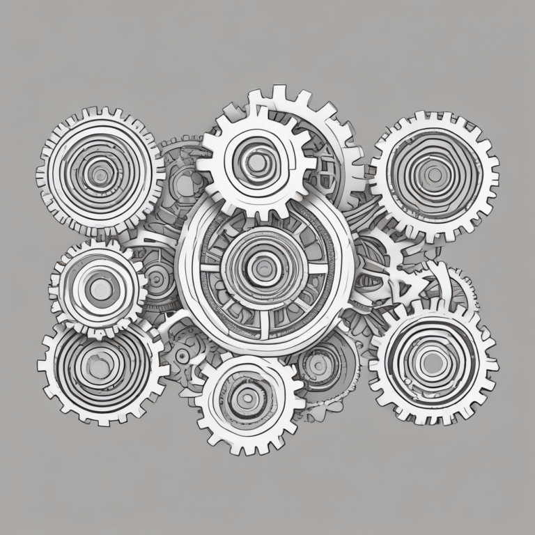 A set of interlocking gears illustrating the integration of strategy and frameworks in AI governance.