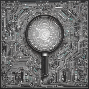 A magnifying glass over a circuit board to represent scrutiny and technology