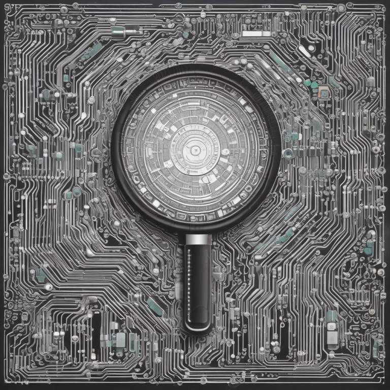 A magnifying glass over a circuit board to represent scrutiny and technology