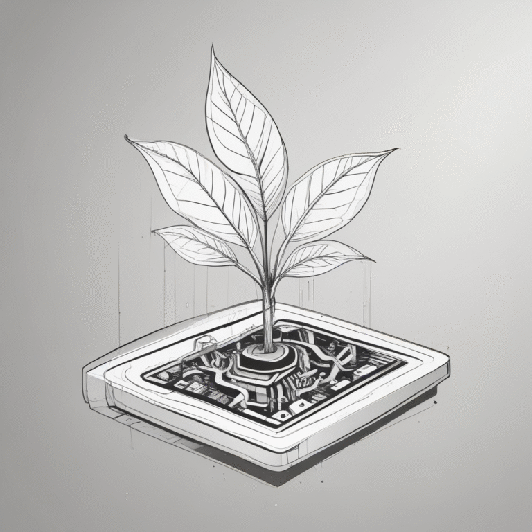A seedling growing from a computer chip to illustrate the growth of technology within regulatory frameworks.