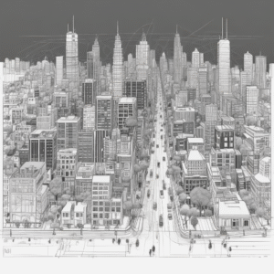 A blueprint of a city illustrating the planning and structural changes industries may undergo due to AI regulations.
