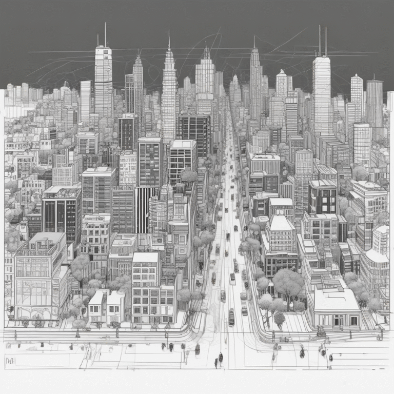 A blueprint of a city illustrating the planning and structural changes industries may undergo due to AI regulations.