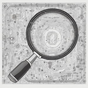 A magnifying glass focused on a circuit board to illustrate the detailed examination of AI workflows in user experience research.