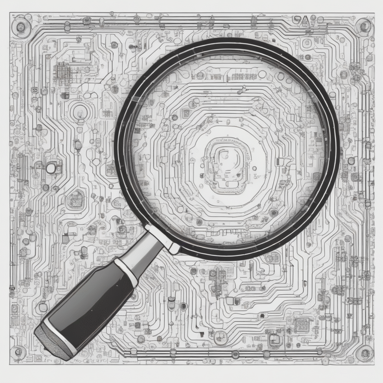 A magnifying glass focused on a circuit board to illustrate the detailed examination of AI workflows in user experience research.