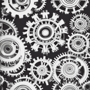 A set of gears to represent the integration of AI technology within traditional financial systems illustrating the mechanics of responsible implementation.