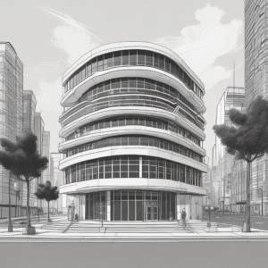 A futuristic bank building with integrated AI technology