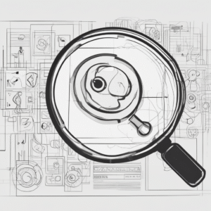 A magnifying glass over a digital interface illustrating the scrutiny and examination of AI policies and ethics.