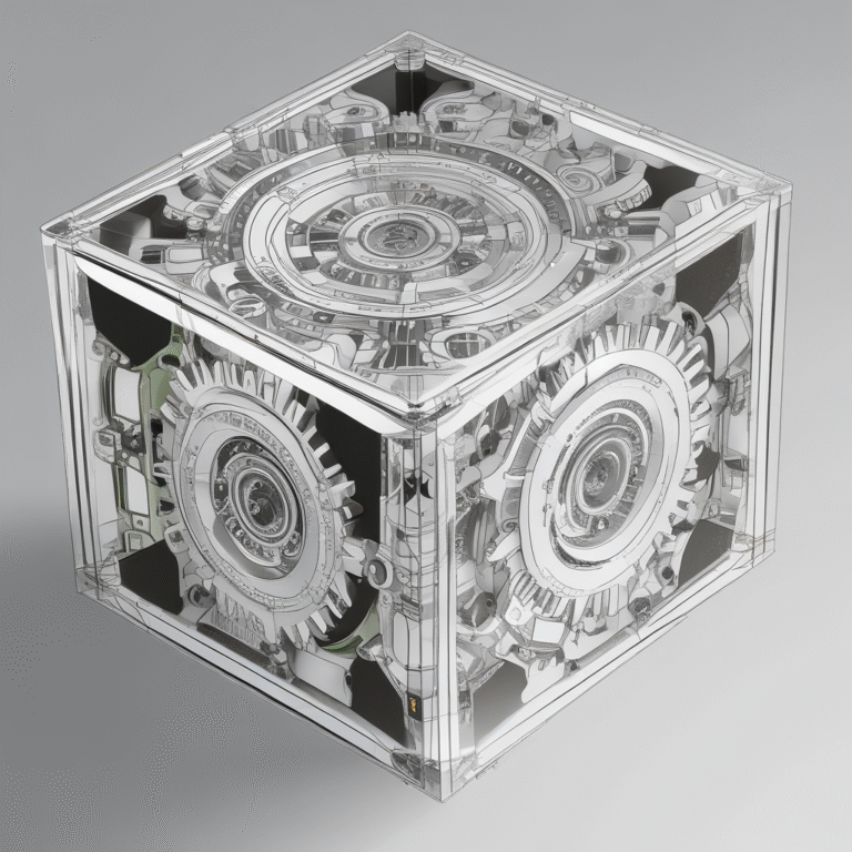 A transparent cube containing interconnected gears to illustrate the complexity and interdependence of AI regulatory frameworks.