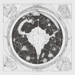 A globe with interconnected networks illustrating the global impact of AI governance on human rights.