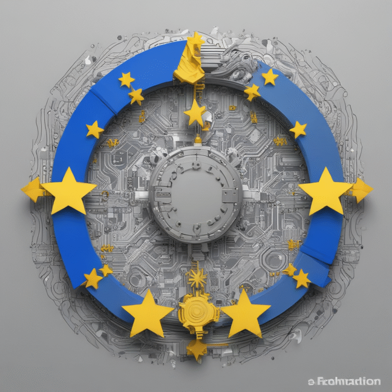 A European Union flag intertwined with a circuit board pattern.