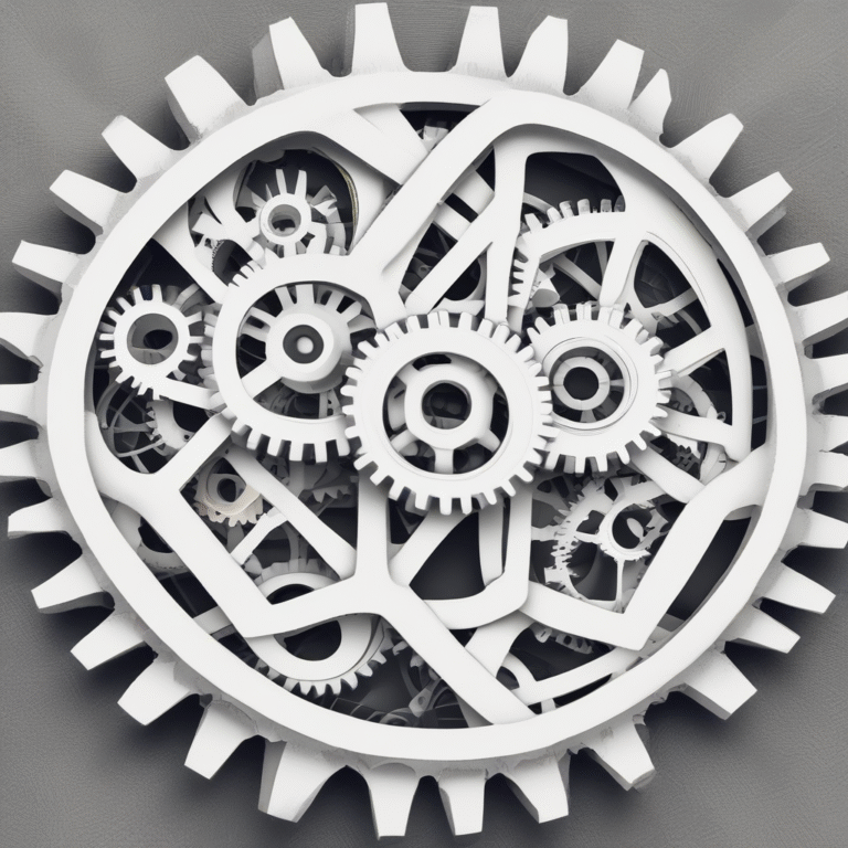 A pair of interlocking gears illustrating the integration of AI into global frameworks.