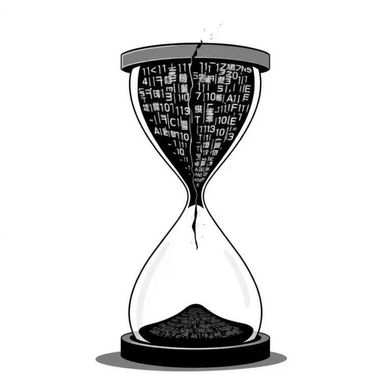 A fractured digital hourglass with AI algorithms flowing through it, where the top half is full of rapidly advancing, glowing code, and the bottom half is empty and dark, symbolizing the lag in governance.