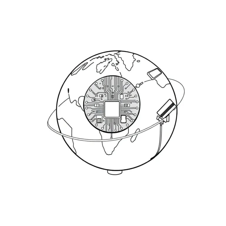 A stylized, interconnected globe with a digital circuit board integrated into its surface, orbiting around a miniature satellite dish