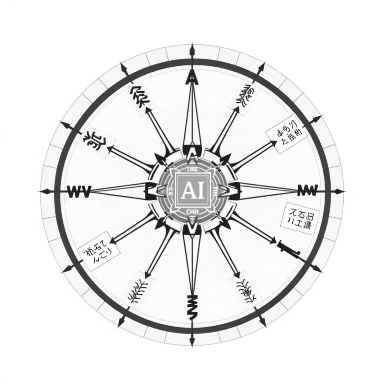 A futuristic, intricately designed compass with multiple needles pointing in various directions, each labeled with different AI ethics principles, all converging towards a central, glowing AI chip.