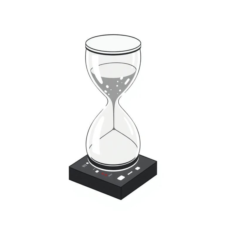 A digital hourglass with a circuit board base and AI-generated sand particles that change color based on risk levels