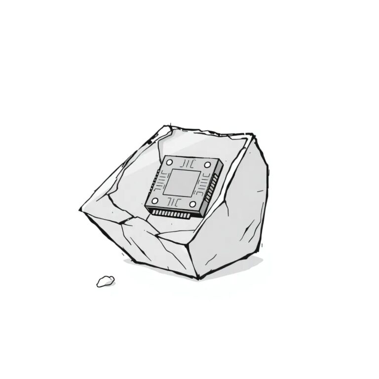 A shattered crystal prism with a single, perfectly intact AI microchip embedded within it