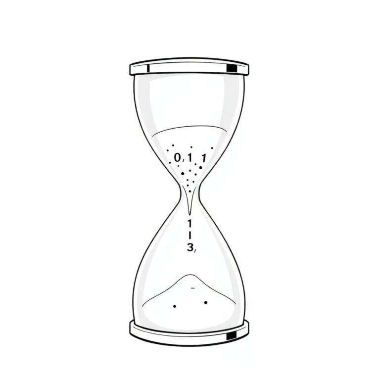 A futuristic, transparent hourglass filled with binary code instead of sand.