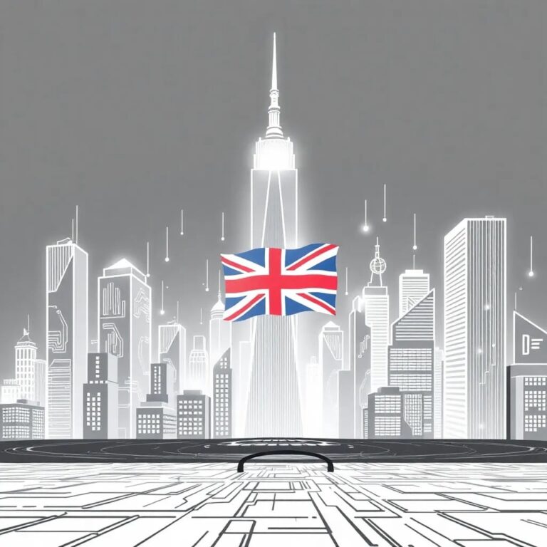 A holographic, ever-evolving cityscape where skyscrapers morph into digital circuits and algorithms, with a prominent, glowing British flag integrated into the design.