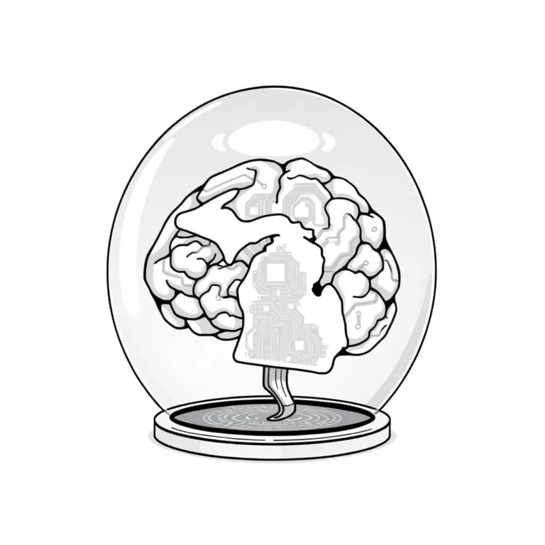 A futuristic, transparent AI brain encased in a glass dome, with a Michigan-shaped circuit board embedded within, surrounded by a halo of binary code.