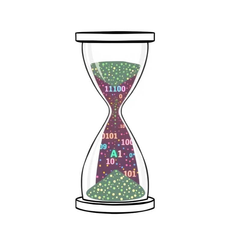 A digital hourglass filled with glowing binary code, where the sand is a mix of vibrant colors representing the dynamic and ever-changing nature of AI, and the hourglass is encased in a protective, transparent shield symbolizing safeguarding measures.