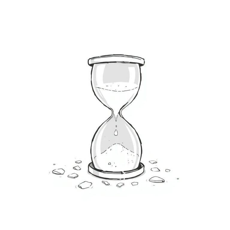 A shattered hourglass with glowing sand that reforms and escapes the glass