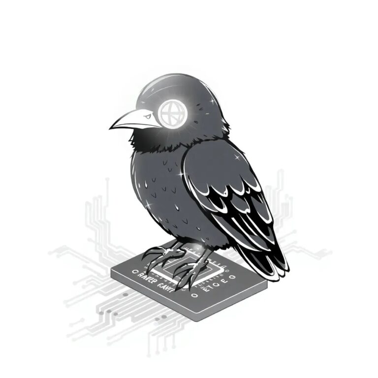 A holographic raven perched on a digital circuit board, its eyes glowing with intricate algorithms