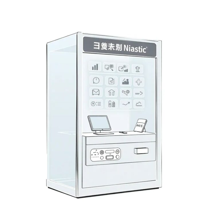 A futuristic, transparent AI-driven public service kiosk with a holographic interface displaying various government services being seamlessly integrated and optimized by AI.