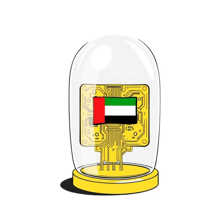 A golden, intricately designed AI circuit board embedded with a miniature UAE flag, encased in a transparent, futuristic glass dome.