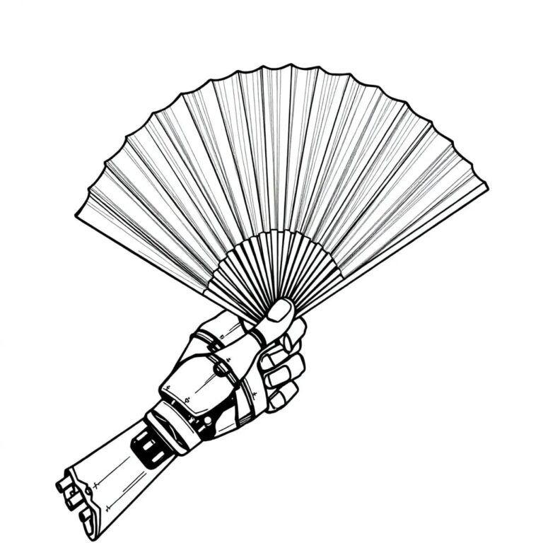 A robotic arm delicately holding a traditional Korean fan, with intricate circuitry visible beneath the fan's surface.