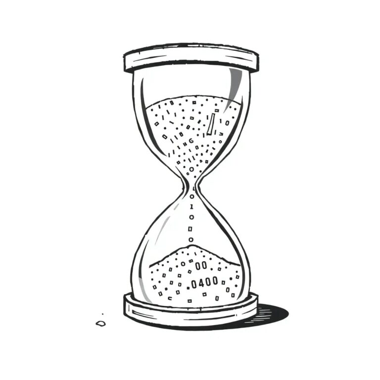 A shattered digital hourglass with binary code sand