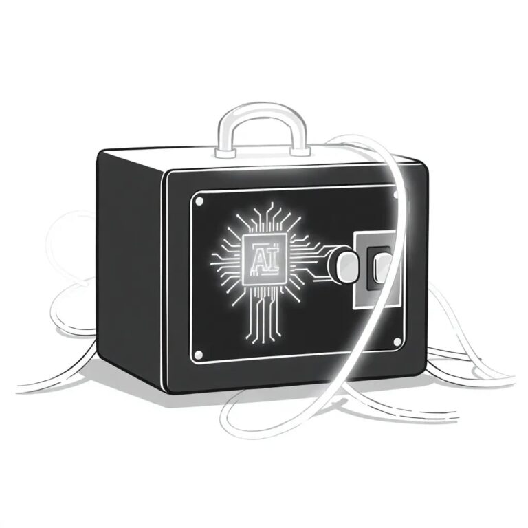 A digital lockbox with a glowing AI circuit board embedded in its surface, surrounded by a network of interconnected, pulsating fiber optic cables.