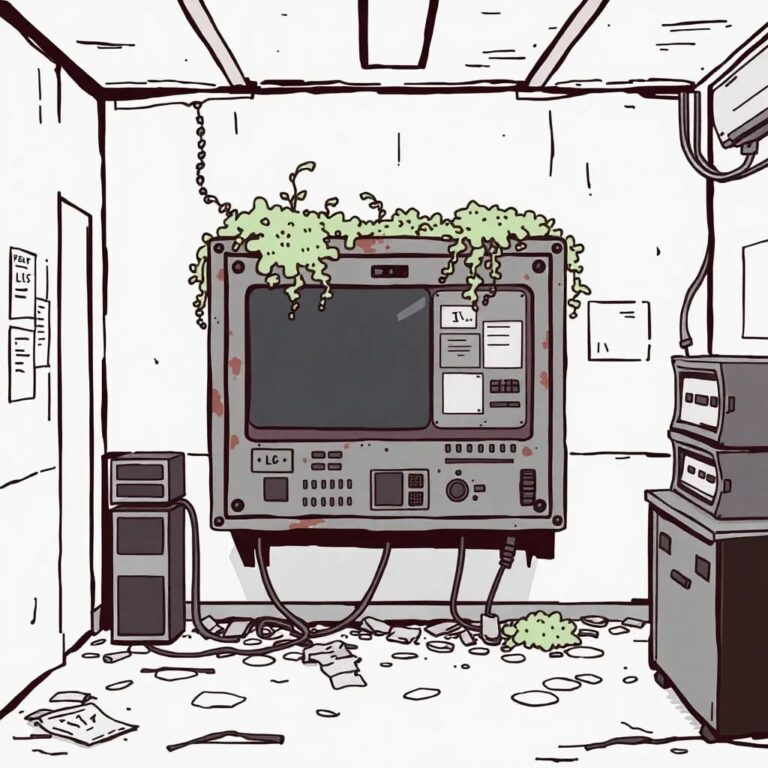 A rusted, overgrown AI control panel in a dilapidated office