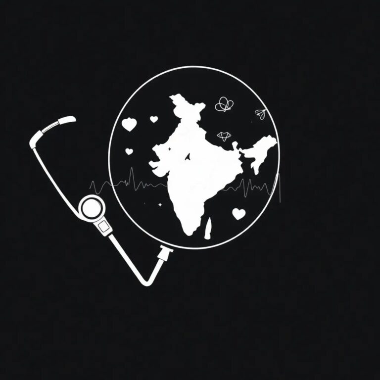 A digital stethoscope with a holographic interface displaying a map of India, where the heartbeat sounds morph into data visualizations representing healthcare disparities and AI integration points.