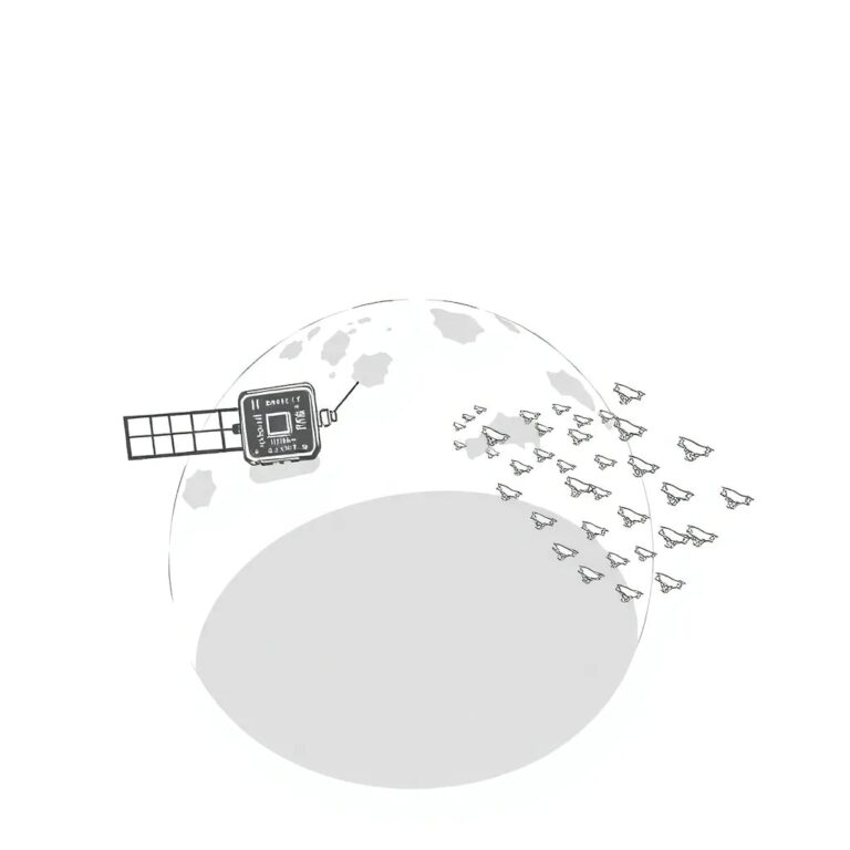 A satellite orbiting a globe with a digital circuit board integrated into its surface, emitting both a beam of light and a swarm of tiny, glowing drones.