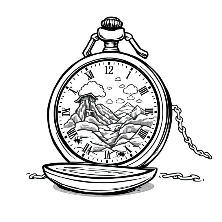A vintage, intricately designed, mechanical pocket watch with a digital display embedded in its face, showing a constantly evolving, AI-generated landscape.