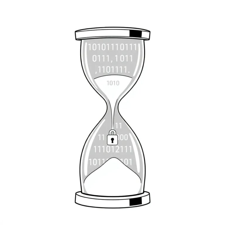 A digital hourglass filled with binary code, where the sand flows from a transparent AI processor into a secure, encrypted vault.