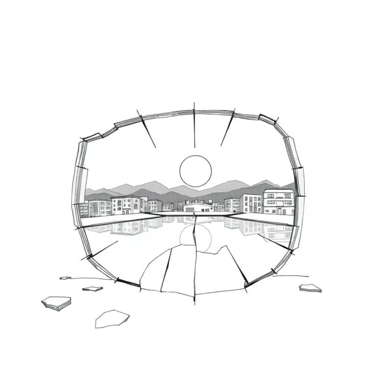 A shattered, multi-lingual AI-generated mirror reflecting a fragmented digital landscape